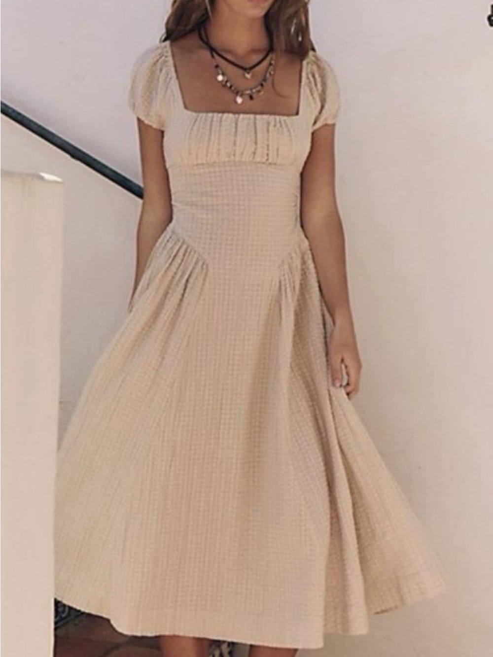 Free People Ciara Pucker Checker Cream Midi Dress